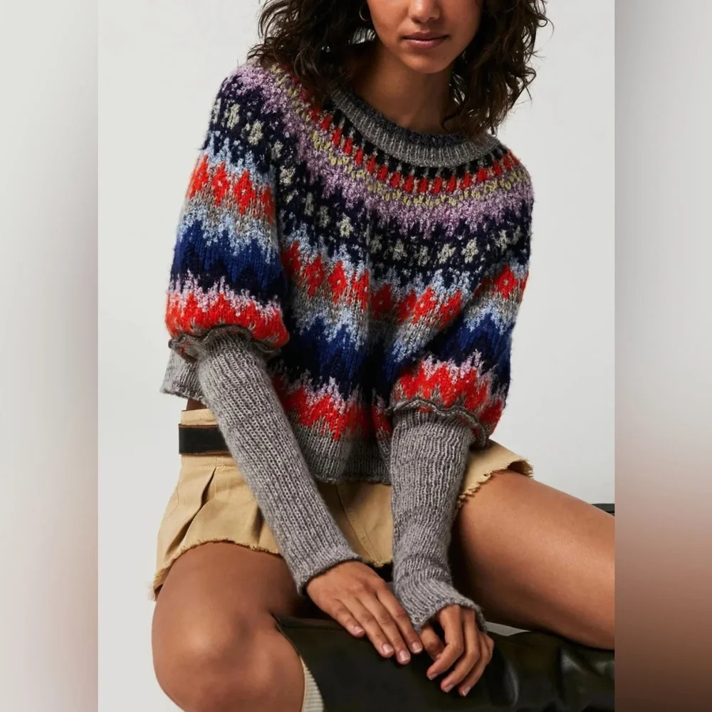 Free People Home For The Holidays Wool Blend Sweater Size Large NWT Gray Combo - Picture 2 of 11